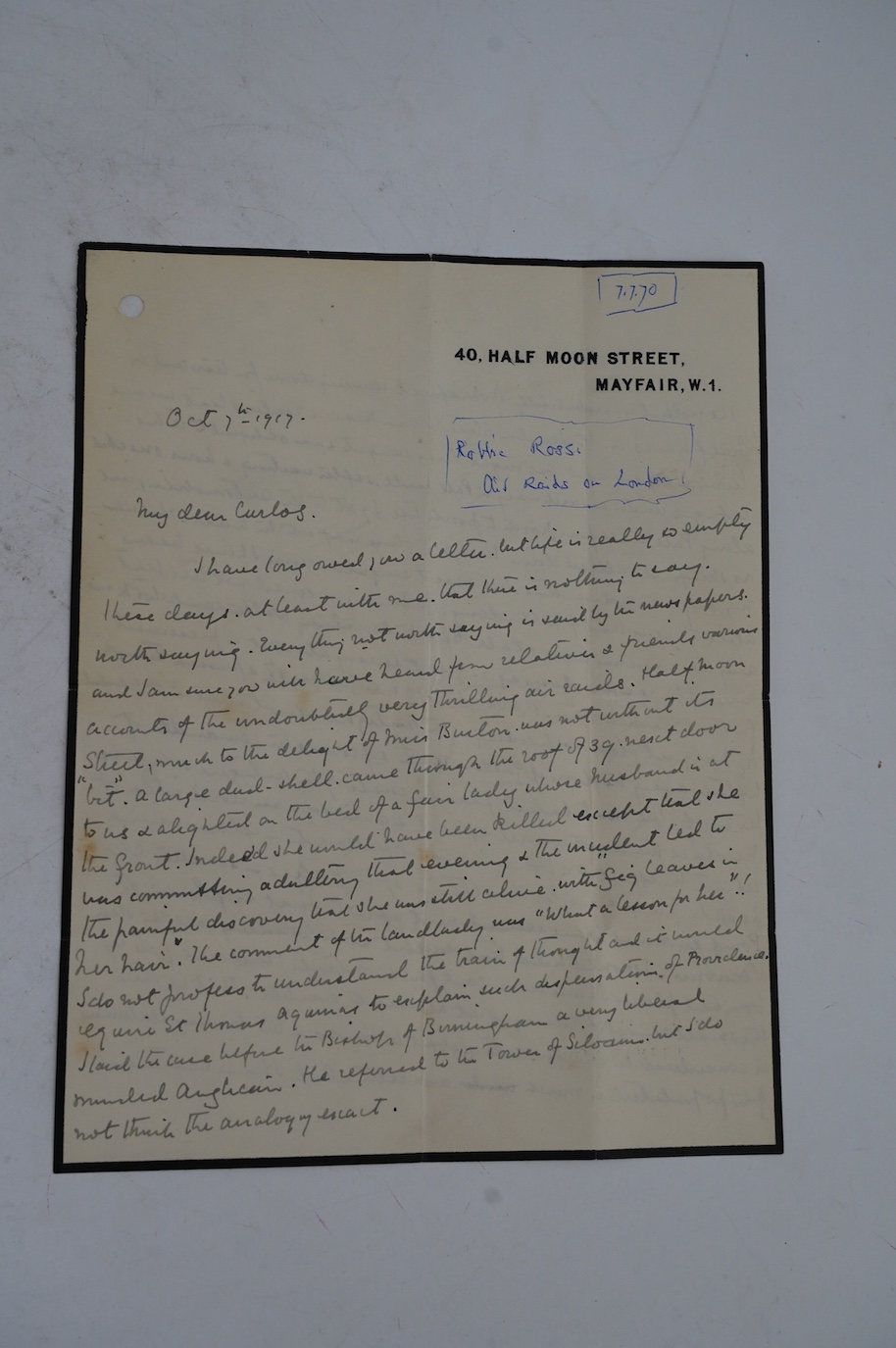 Robbie Ross (1869-1918), ALS to ‘Carlos’, 7 October 1917, 4 pp. Robbie Ross is best known for his relationship with and championing of Oscar Wilde